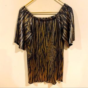 tiger dress 🐯 black and gold off the shoulder mini dress/ tiger detail